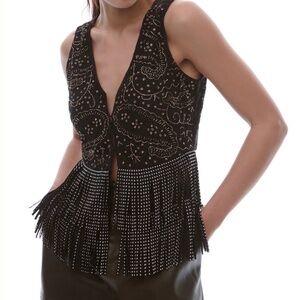 Anthropologie Verb by Pallavi Singhee Beaded Black Fringe Western Tank